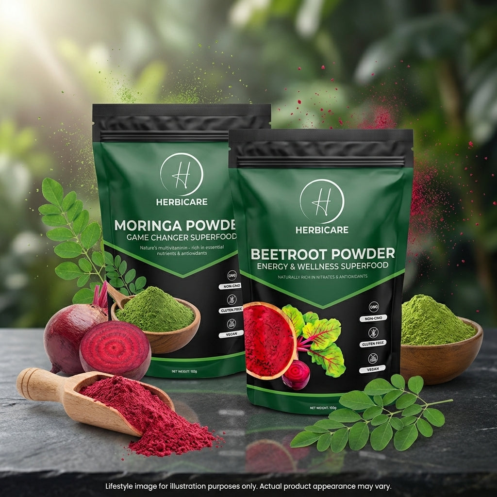 Herbicare Moringa and Beetroot superfood powder bundle - 150g green moringa and 150g red beetroot pouches